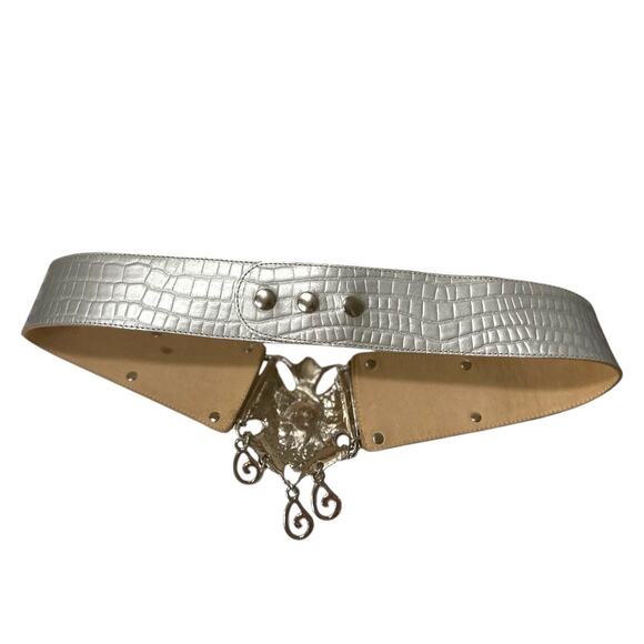 Leatherock Statement Buckle Belt Women\'s L Silver Croc Embossed Item #4651